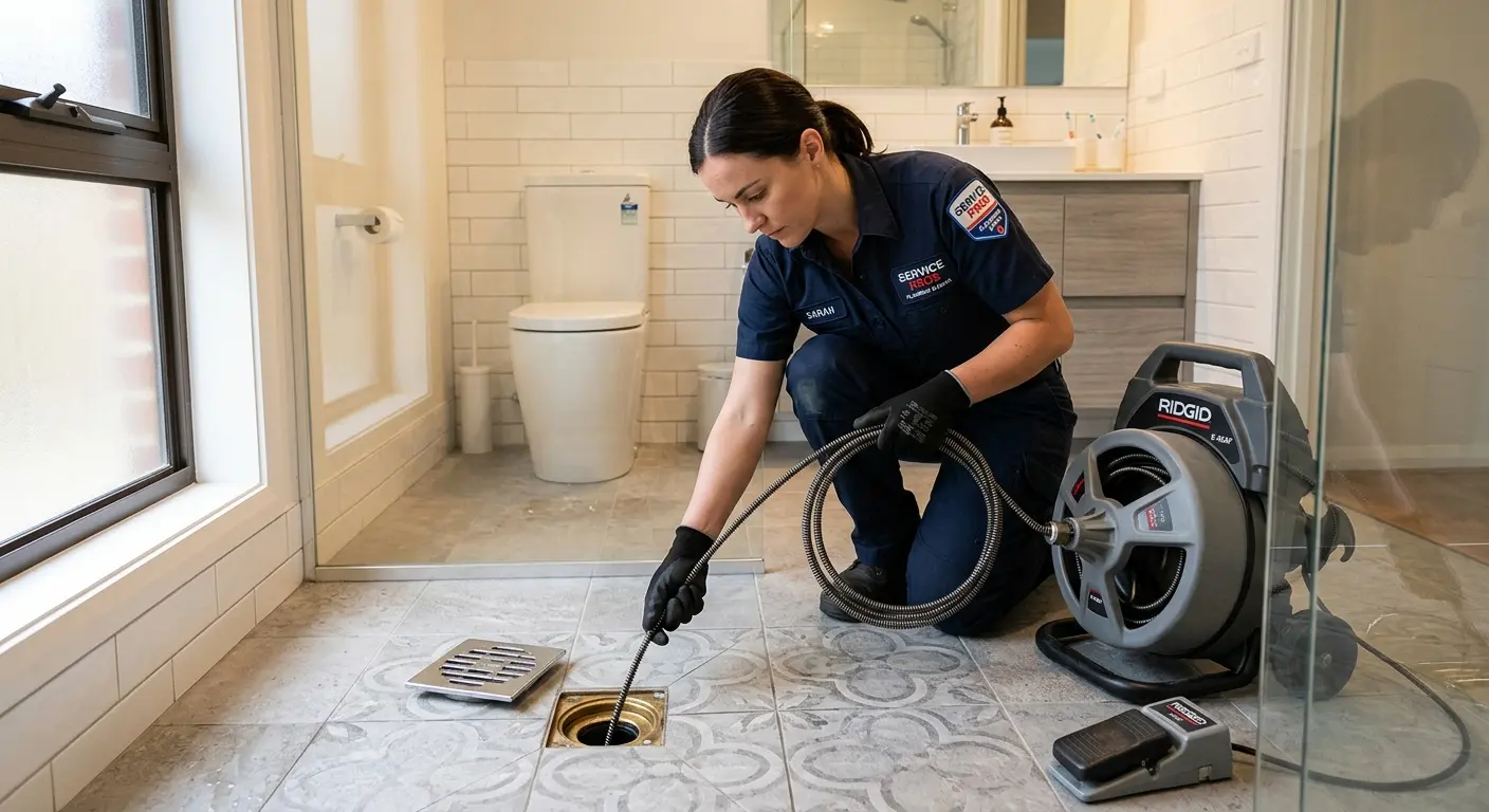 Technician clearing a bathroom floor drain for Clogged Drain Repair in Georgetown